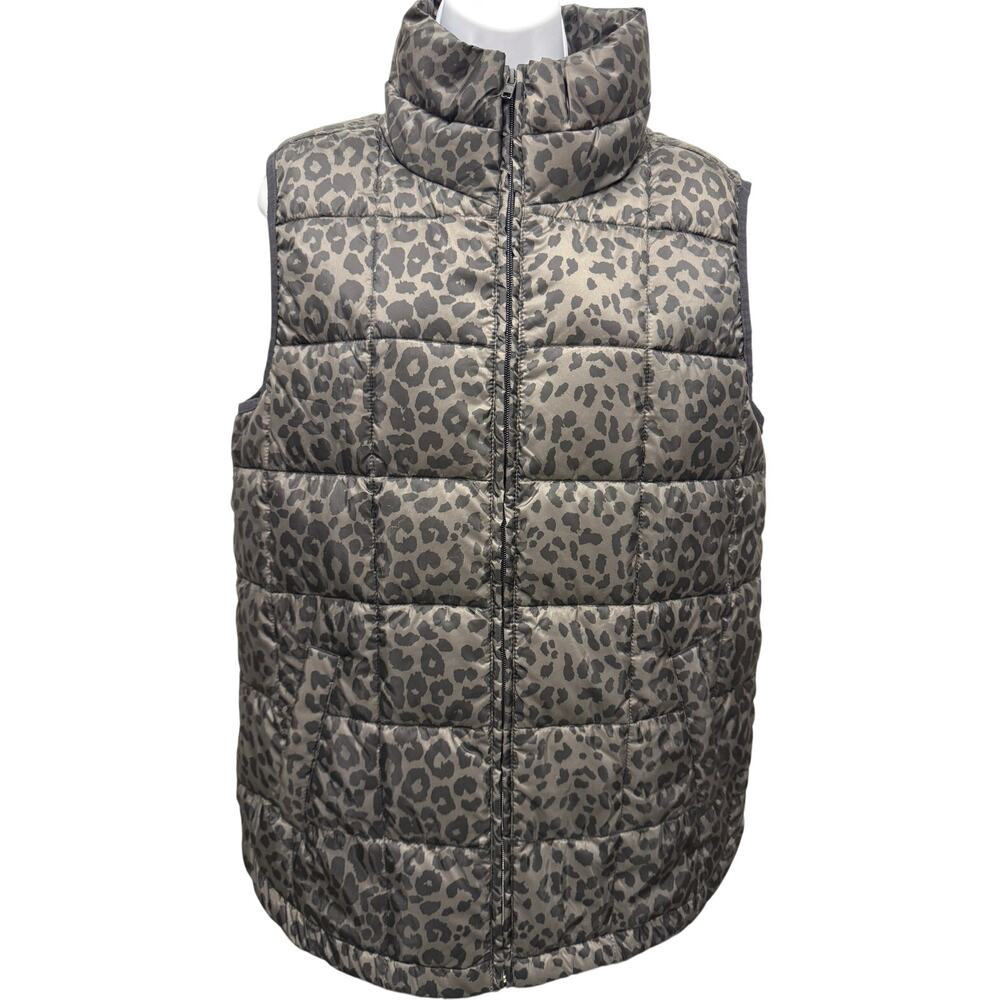GAP 100% Recycled Womens S Oversized Puffer Vest Black gray Silver Leopard Print